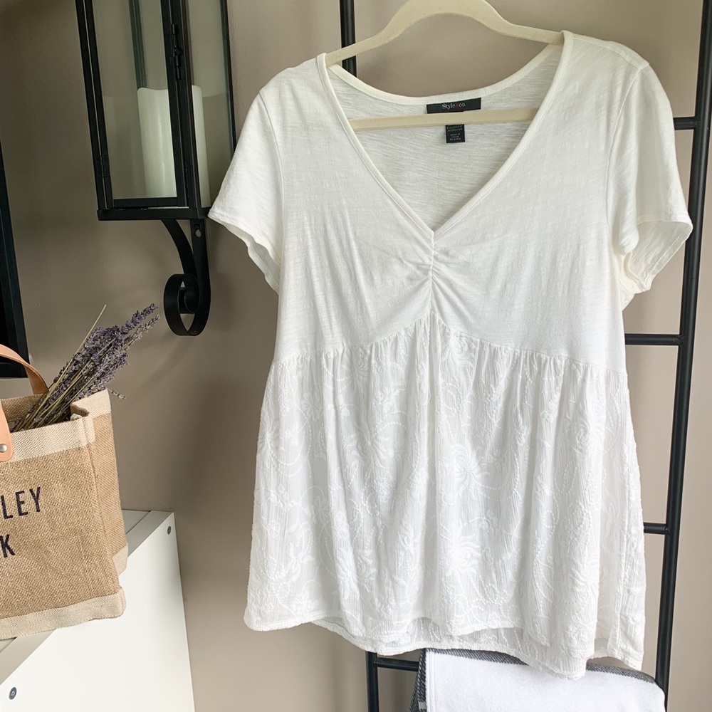 STYLE & CO White Peplum Top with Embroidery